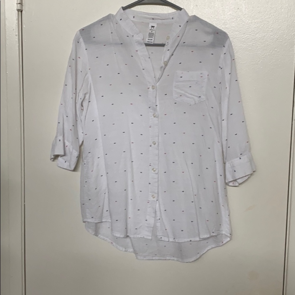 White patterned button down top